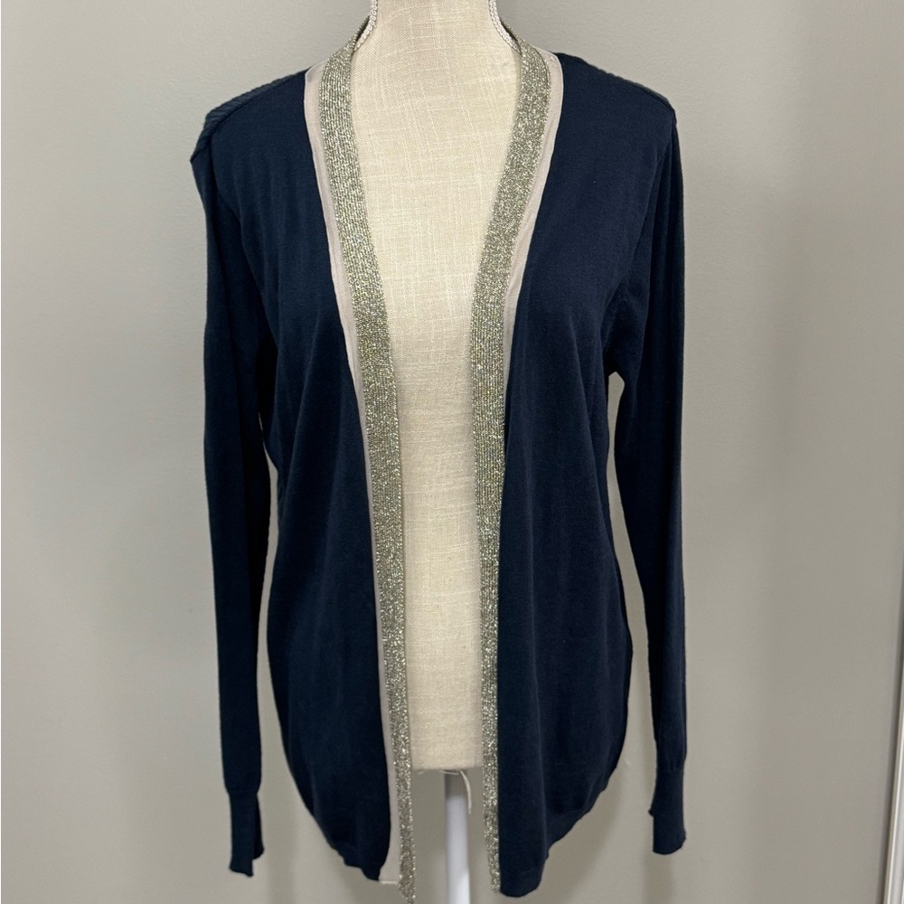 NWT Dana Buchman Open Front Navy and Gold Cardigan Sweater. Size XL